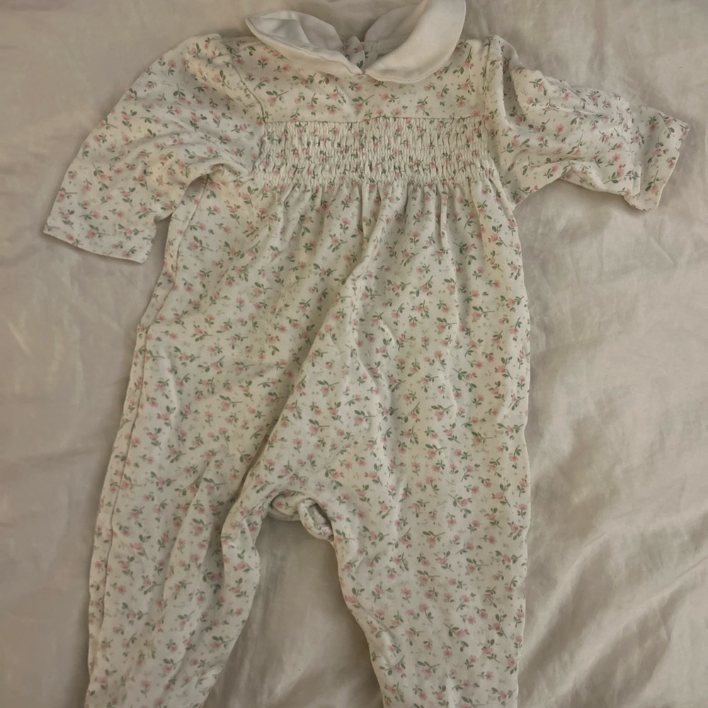 Little Me Cream One-Piece Footie with Pink Floral Print